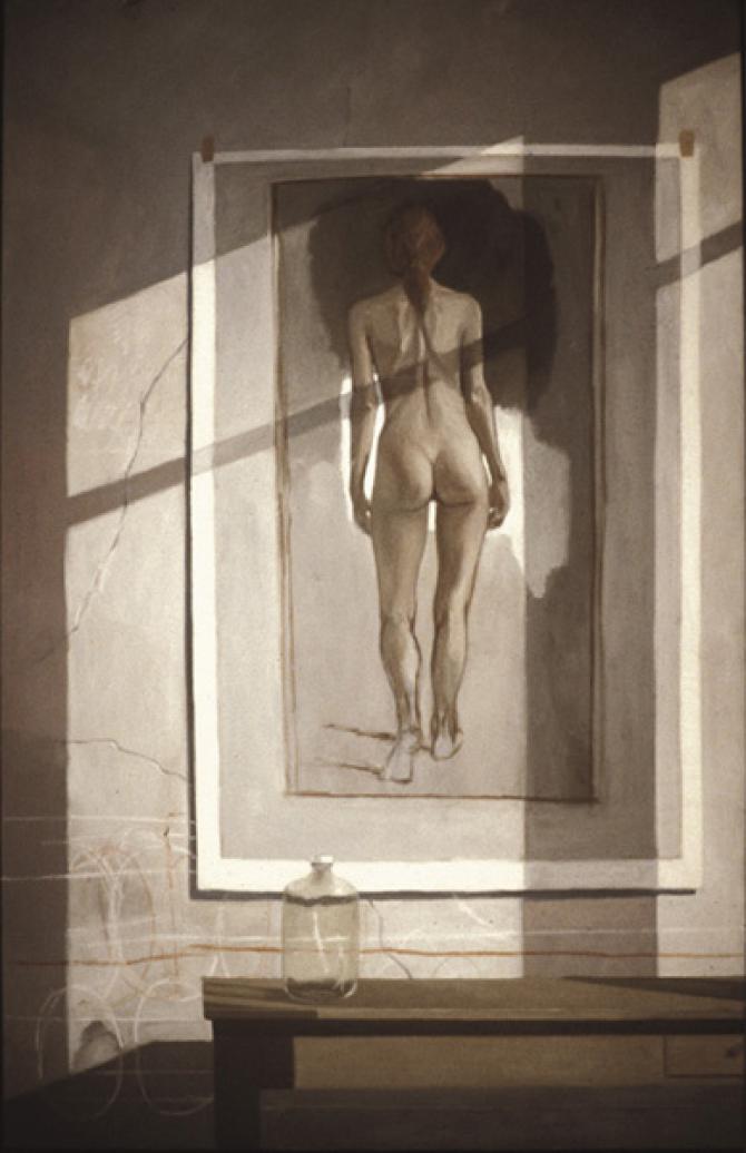 'Studio Interior: Nude Walking', oil on canvas, 1993, 72x38'; private collection, Miami Fl