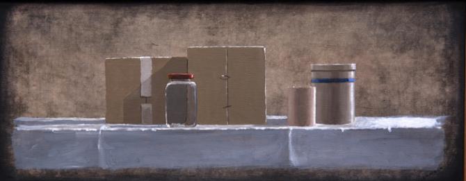 'Still Life w/ Box, Jar, Cup amd Blue Striped Container', 2009, acrylic on canvas, 9 X 23 inches