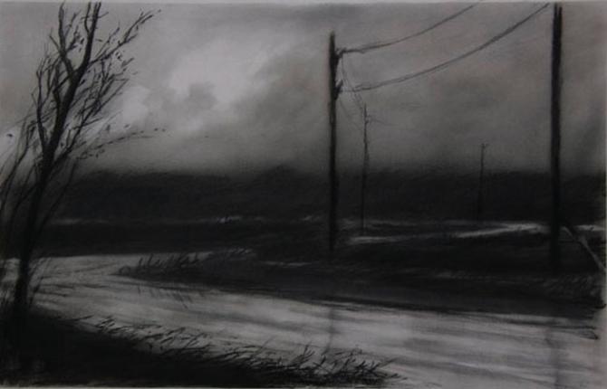 'Rural Road at Night', 2009, charcoal, 14 x 22 inches