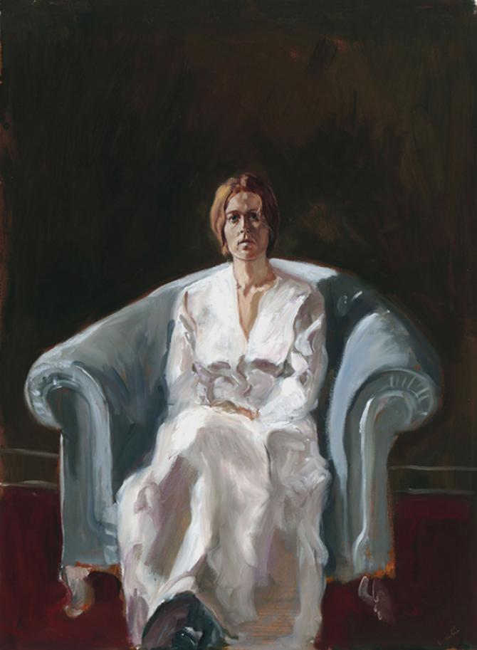 "Artist's Model in a White Dress", 1973, oil on paper, 22.5 x 16.5"