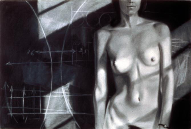 "Model Standing Before a Blackboard", 1974, charcoal on paper, 24 x 36"; private collection, Seattle