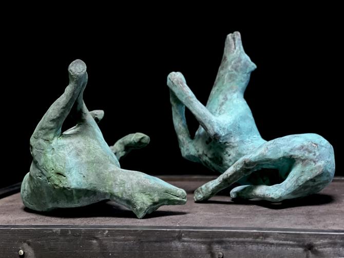"Pompeii-Duo Canes", 2025, Bronze, wood & porcelain plinth, 13" x 17" x 13" per dog, approx. 16.5" x 29.5" x 39.75" overall dimensions Edition of 3