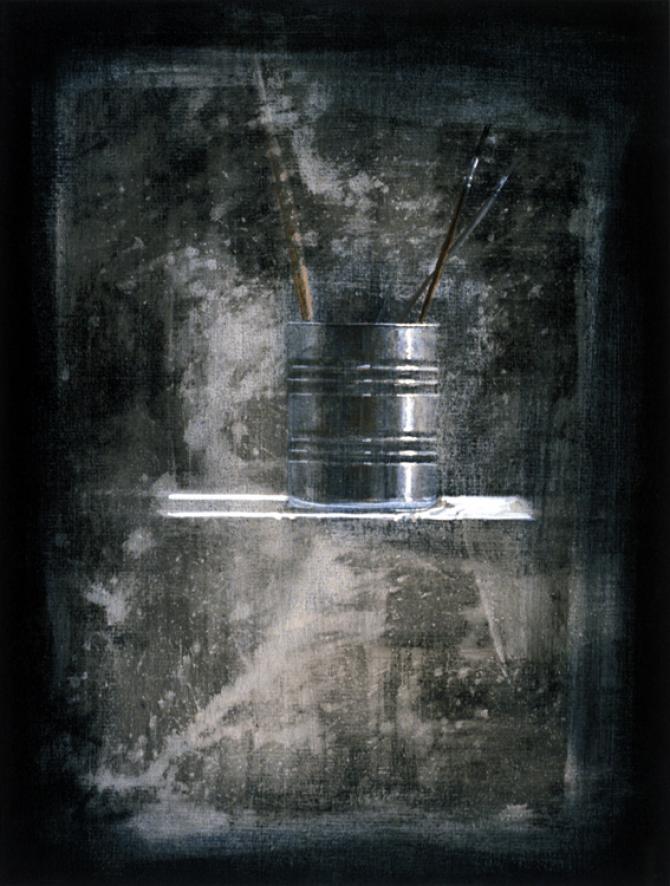 "Cans with Brushes", 1997, acrylic on canvas, 18 x 14"