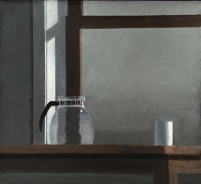 "Coffee Pot and Cup,", 2022, oil on canvas, 20" x 22" 