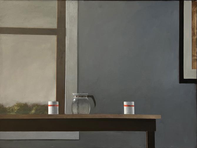 "Coffee Pot and Two Cups", 2026, oil on canvas, 36" x 48"