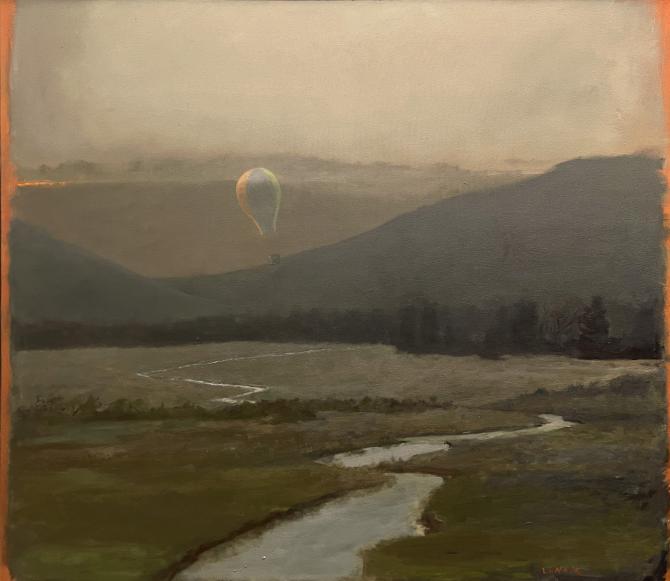 "Eddy O'Neil Assending Through Smoke", 2025, oil on canvas, 40" x 46"