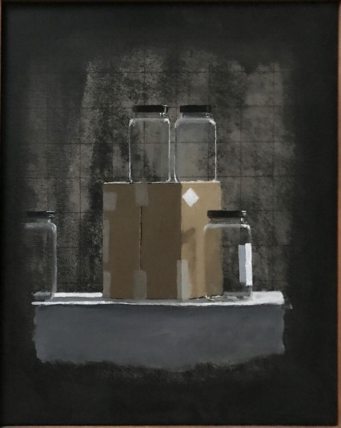 "Box and Jars with Grid", 2019, acrylic on canvas, 16" x 14"