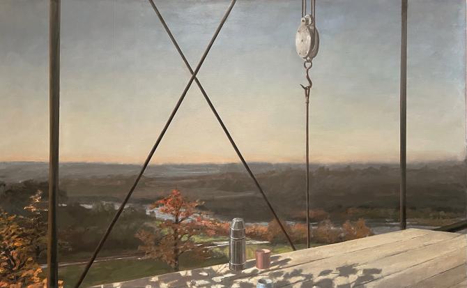 "Putting Up the Scaffolding", 2026, oil on canvas, 44" x 72"