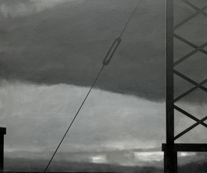 "Rooftop Sign Structure", 2025, oil on canvas, 30" x 36"