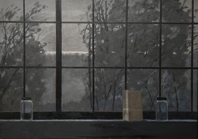 "Studio Evening", 2025, oil on panel, 24" x 36"