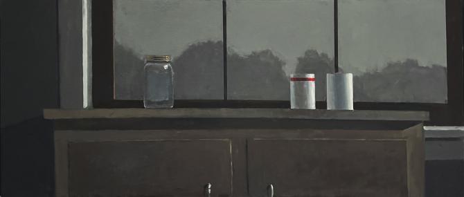 "Two Cups,  One Jar", 2022, oil on panel, 16" x 40"