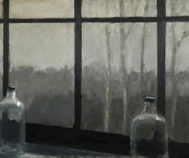 "Two Bottles on a Window Sill", 2022, oil on canvas, 8" x 12"