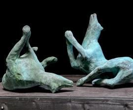 "Pompeii-Duo Canes", 2025, Bronze, wood & porcelain plinth, 13" x 17" x 13" per dog, approx. 16.5" x 29.5" x 39.75" overall dimensions Edition of 3