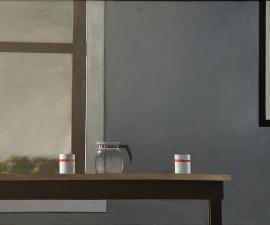 "Coffee Pot and Two Cups", 2026, oil on canvas, 36" x 48"