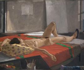 "In the Studio- Isabella Resting", 1975 (Subsequently reworked by the artist), oil on canvas, 48.75 x 70" 