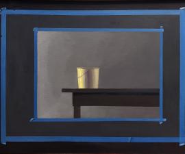 "Yellow Bucket with Blue Tape", 2022, oil on canvas, 36" x 44"